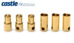 Castle 5.5mm Bullet Kontakter med gullbelegg, håndterer opptil 150A, ideelle for RC-applikasjoner.