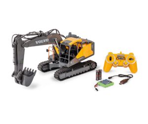 Radiostyrt gravemaskin fra Carson, modell Volvo RTR 2.4 GHz i 1/16 skala, perfekt for byggeplassimulering og hobbyentusiaster.
