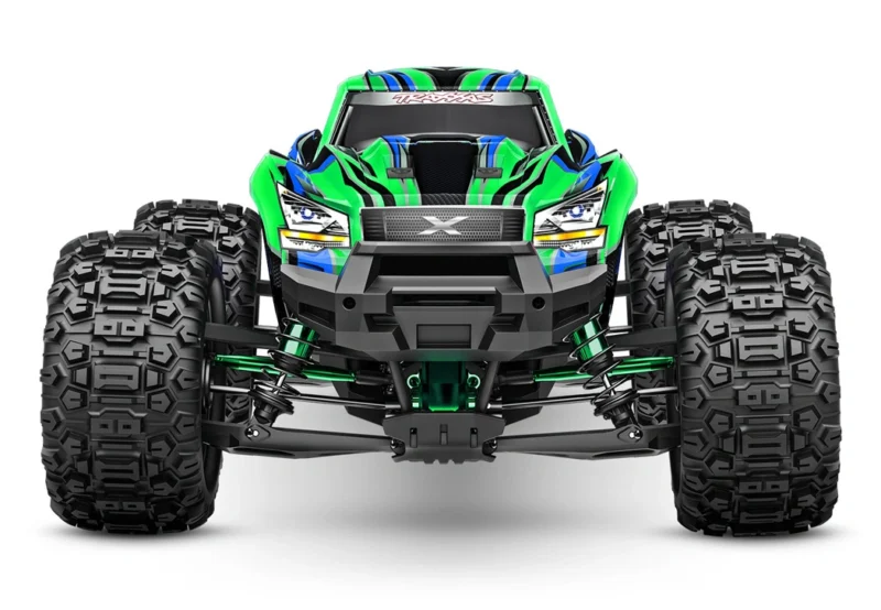Traxxas X-Maxx Ultimate Green-X monster truck sett forfra med Sledgehammer-dekk